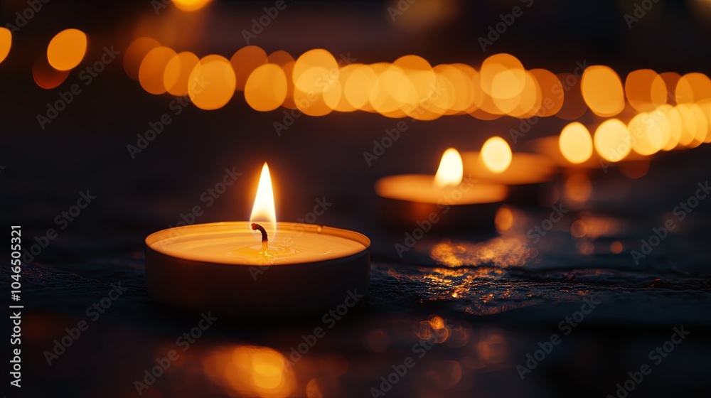 Tranquil scene of lit candles creating a warm ambiance Tranquil scene of lit candles creating a warm ambiance