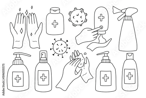 Set of bottles with antiseptic, gel, soap or sanitizer. Collection of antiseptic bottles. Vector illustration. Doodle style.