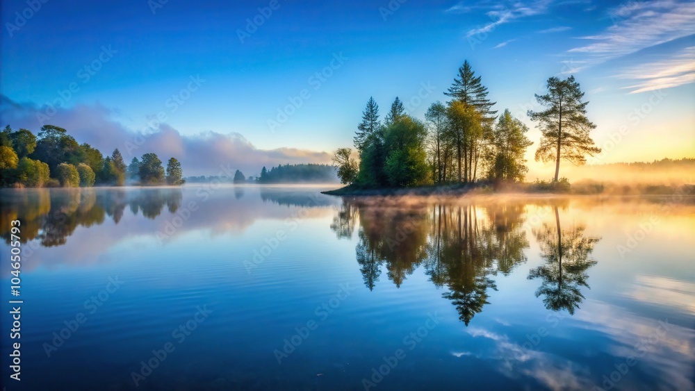 Obraz premium Serene lake at dawn with mist rising from the water surface and surrounding trees, reflecting a soft blue sky, atmosphere, calm, morning