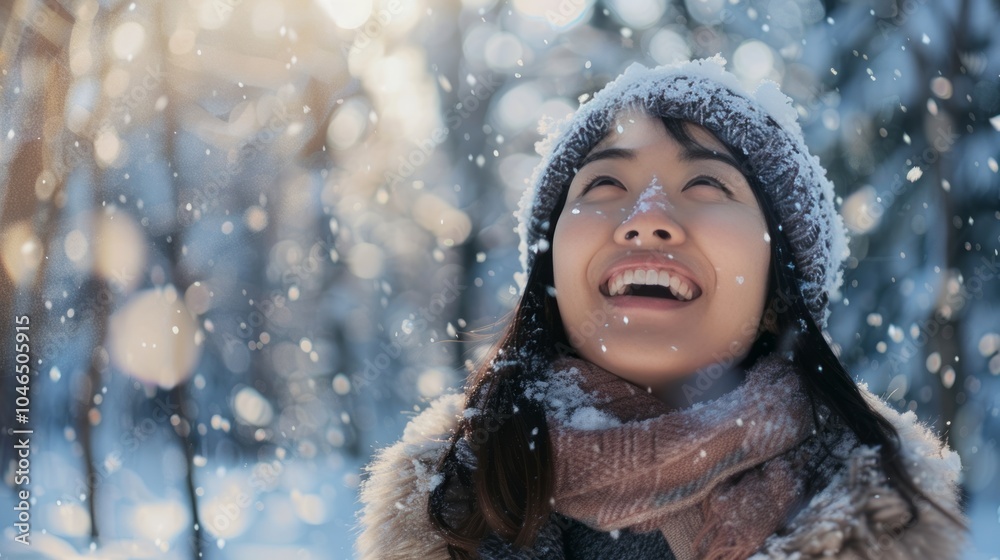 A woman smiling and looking up at falling snowflakes in a scenic forest A woman smiling and looking up at falling snowflakes in a scenic forest