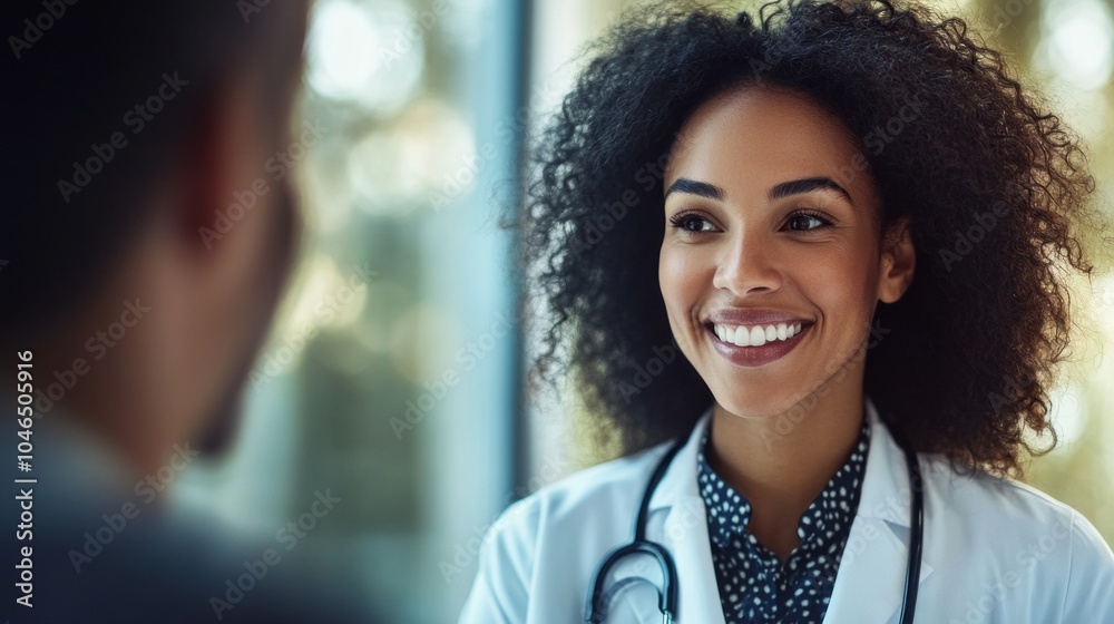 A woman with curly hair is smiling at a man in a white coat A woman with curly hair is smiling at a man in a white coat