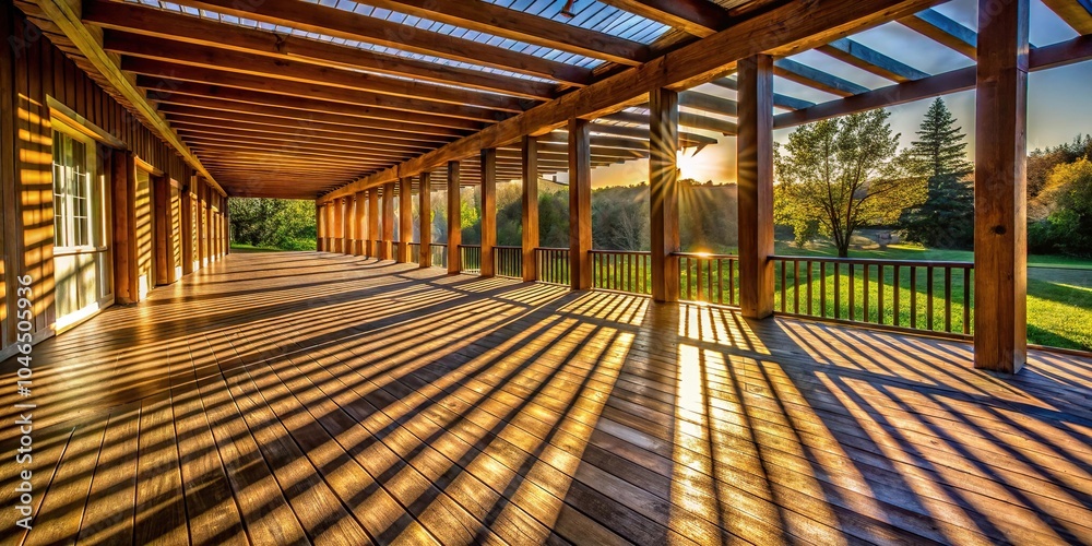 Sunlit porch close-up with wooden beams casting shadows Sunlit porch close-up with wooden beams casting shadows