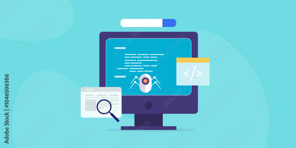 Search engine web crawler bot collecting data from website, internet technology vector illustration. Search engine web crawler bot collecting data from website, internet technology vector illustration.