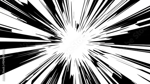 Radiating black and white lines creating depth and energy, comic book-inspired design with central convergence