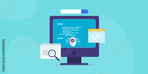 Search engine web crawler bot collecting data from website, internet technology vector illustration.