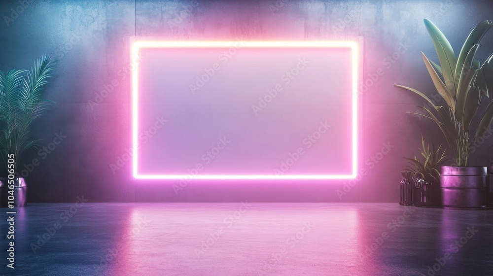 A stylish modern interior featuring a glowing neon frame and potted plants, perfect for showcasing artwork or advertisements. A stylish modern interior featuring a glowing neon frame and potted plants, perfect for showcasing artwork or advertisements.