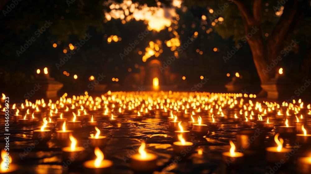 Serene pathway illuminated by flickering candles at dusk