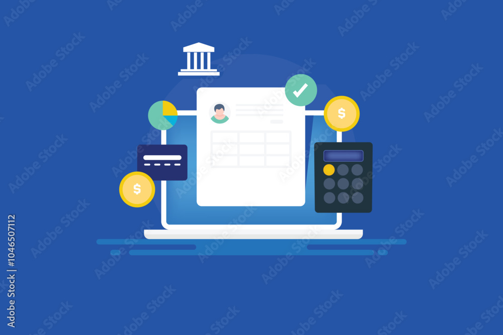 Internet banking, digital financial system, transfer money securely with net banking application, business account statement on laptop screen, conceptual vector illustration. Internet banking, digital financial system, transfer money securely with net banking application, business account statement on laptop screen, conceptual vector illustration.