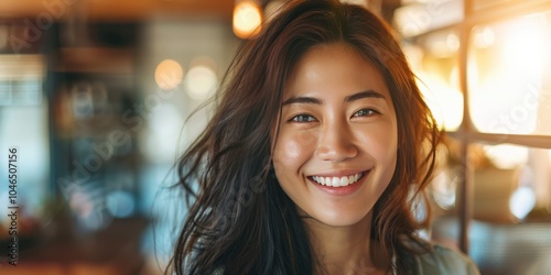 A cheerful woman with long hair smiling indoors