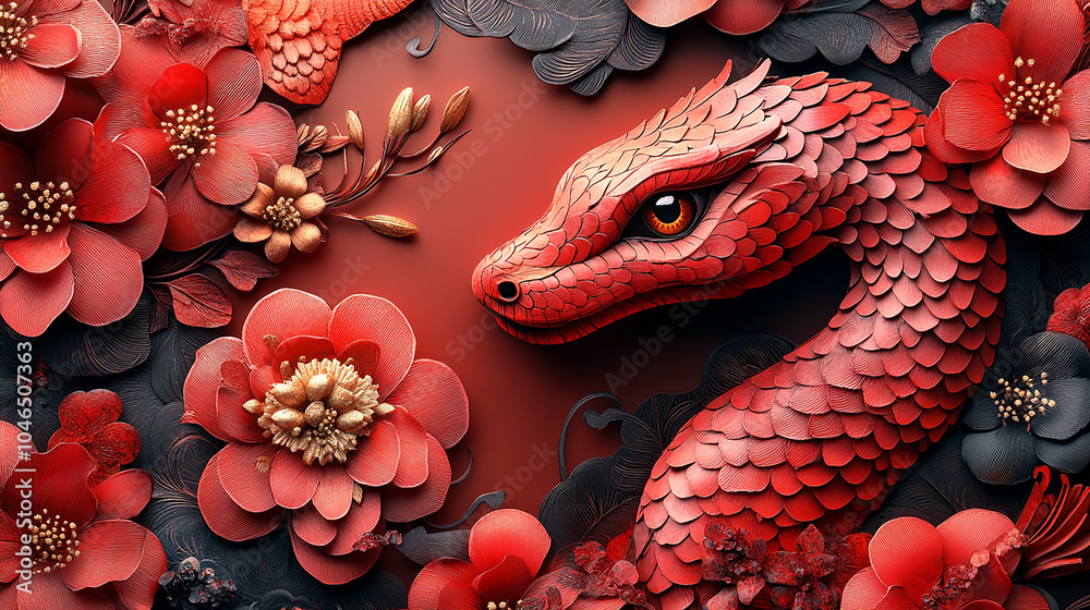 Naklejka premium Happy chinese new year 2025 the snake zodiac sign with flower,lantern,asian elements snake logo red and gold paper cut style on color background