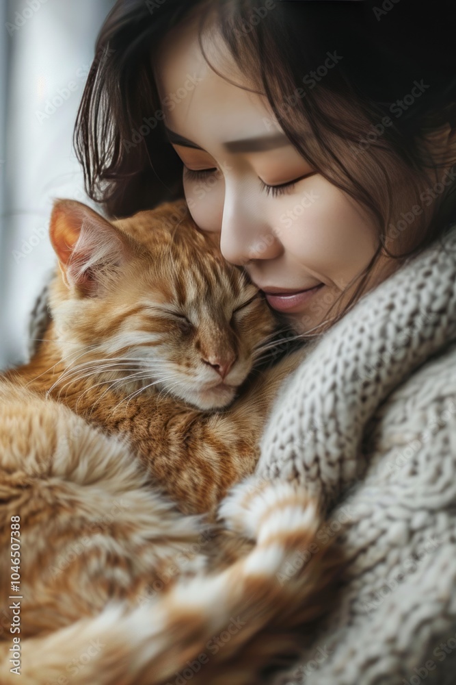 A heartwarming close-up of a woman lovingly embracing a ginger cat A heartwarming close-up of a woman lovingly embracing a ginger cat
