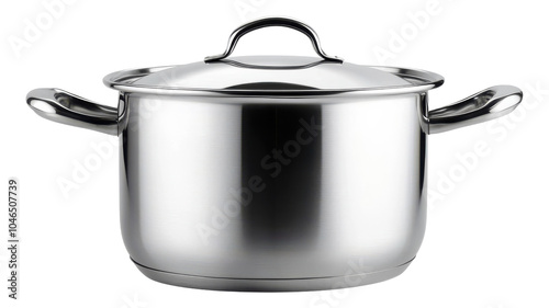 Shiny stainless steel cooking pot with lid displayed on a transparent background for kitchenware and cooking enthusiasts. photo