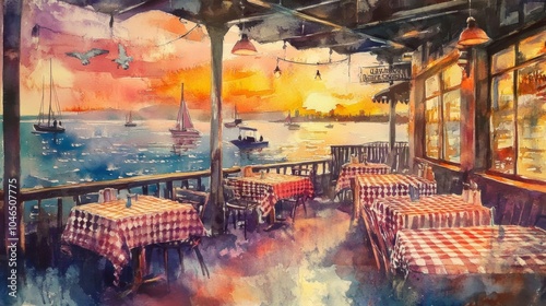 A watercolor painting of a charming seaside café