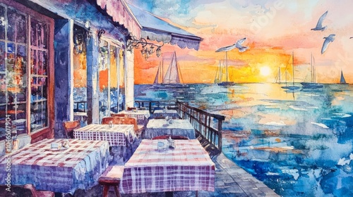 A watercolor painting of a charming seaside café