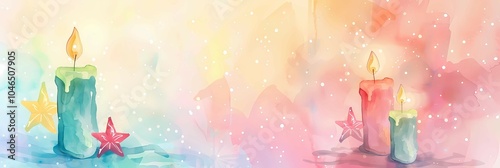 a banner with a watercolor illustration symbolizing a holiday, and festive candles on a Christmas background with a multicolored side on the right with an empty seat in pastel colors