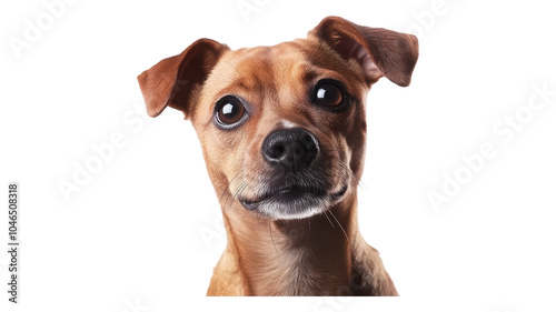 A curious dog with big expressive eyes looking directly at the camera against a transparent background.