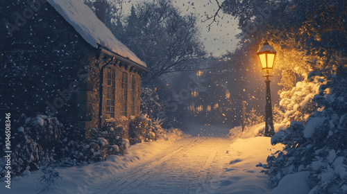 serene winter street scene with cozy cottage and glowing street lamp