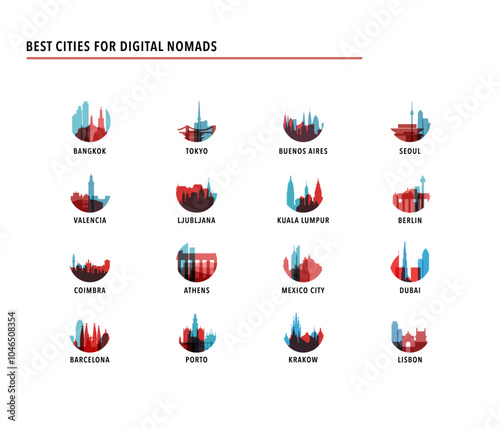 Best cities for digital nomads - logos, icons for infographics, index, presentation, ranking - Bangkok, Tokyo, Buenos Aires, Seoul, Valencia, Porto, Lisbon, Mexico, Barcelona