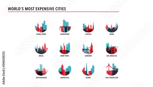 Most expensive cities logos, icons for infographics, index, presentation, ranking - Hong Kong, Singapore, Zurich, Bern, Basel, London, New York, Copenhagen, Honolulu