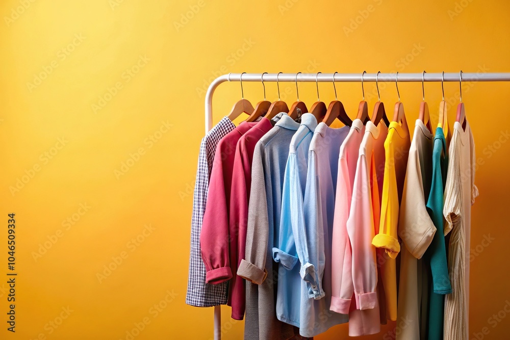 Obraz premium Rack with hanging clothes on colorful background, tilted angle