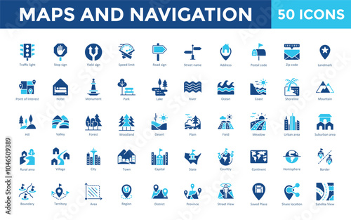 Maps and Navigation icon set with traffic light, stop sign, yield sign, speed limit, road sign, street name, address, postal code, zip code, landmark icon. Simple flat vector 
