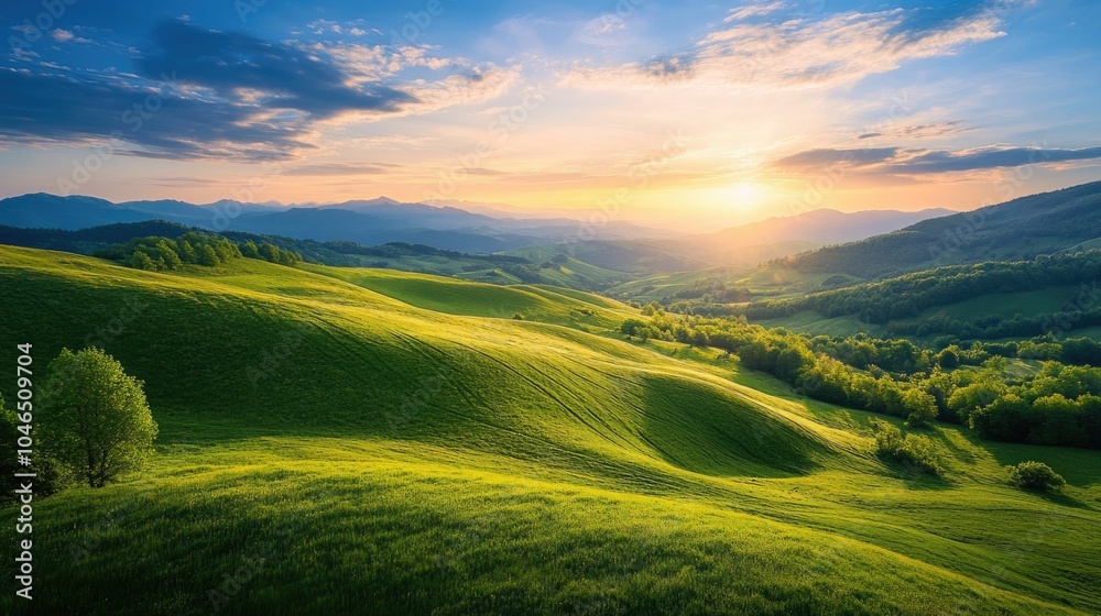 Obraz premium Sunset over green hills