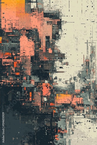 Abstract Cityscape in Shades of Gray, Orange, and Pink