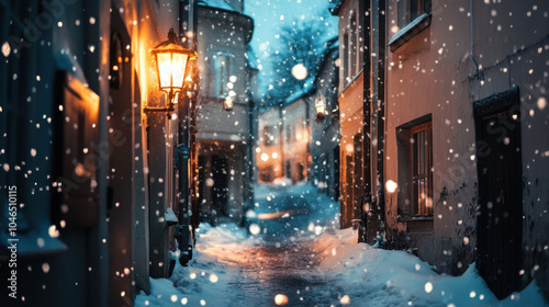 serene narrow street in old town, blanketed in snow, creates magical winter scene