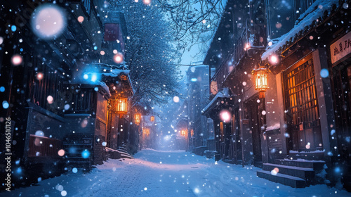serene narrow street in old town, beautifully illuminated by lanterns, covered in snow
