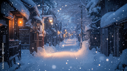 serene narrow street in old town blanketed in snow, illuminated by warm lights
