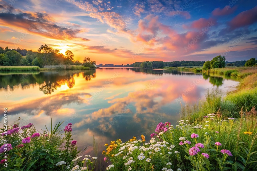 Pastel pink sunset over a serene lake with lush greenery and vibrant wildflowers, beauty, calming, flora, scenery Pastel pink sunset over a serene lake with lush greenery and vibrant wildflowers, beauty, calming, flora, scenery