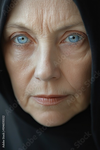 Woman with blue eyes and black hood photo