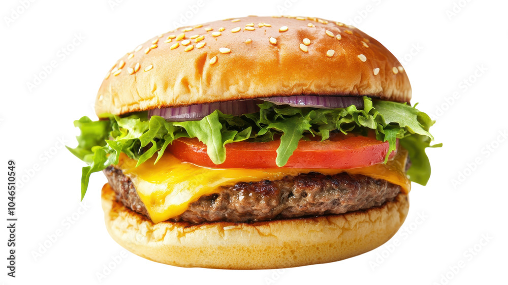 Delicious cheeseburger with fresh lettuce, tomato, and onions served on a sesame seed bun at lunchtime. Delicious cheeseburger with fresh lettuce, tomato, and onions served on a sesame seed bun at lunchtime.