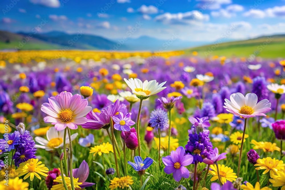 Painting of a vibrant spring meadow with purple and yellow flowers in full bloom Painting of a vibrant spring meadow with purple and yellow flowers in full bloom