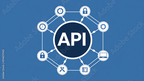 network diagram of 'API', API icons, Digital network, Blue background