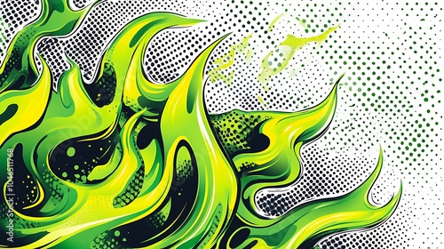 Abstract green and yellow flames on a halftone background. photo