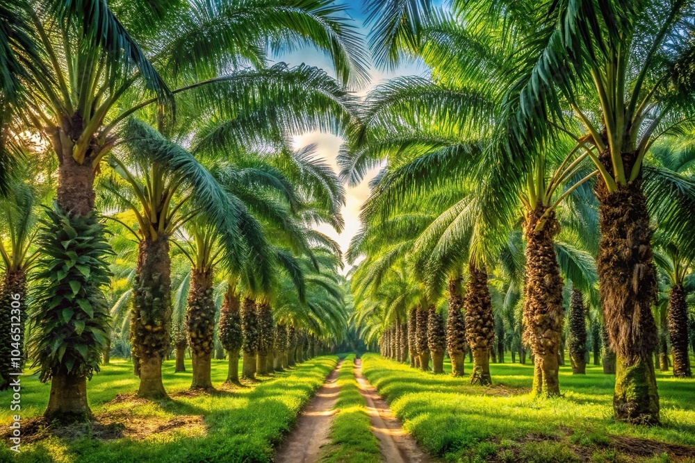 Obraz premium Sunny Asian garden with palm trees and plantations