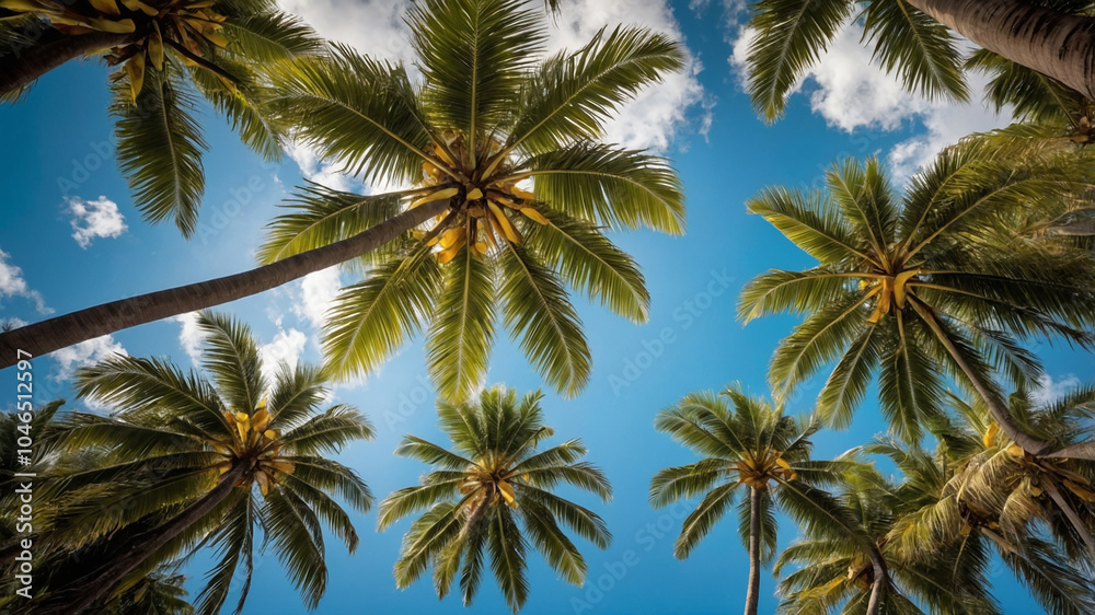 Palm trees with sun flare creating a cheerful vacation atmosphere under a bright blue sky. Palm trees with sun flare creating a cheerful vacation atmosphere under a bright blue sky.
