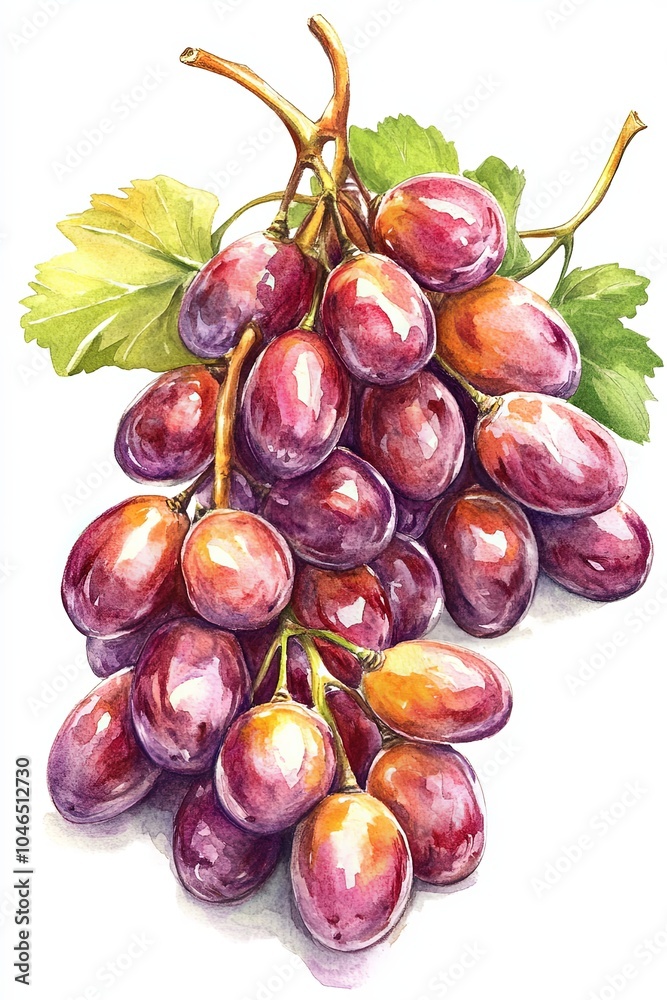 Fototapeta premium Watercolor Painting of Fresh Red Grapes with Green Leaves