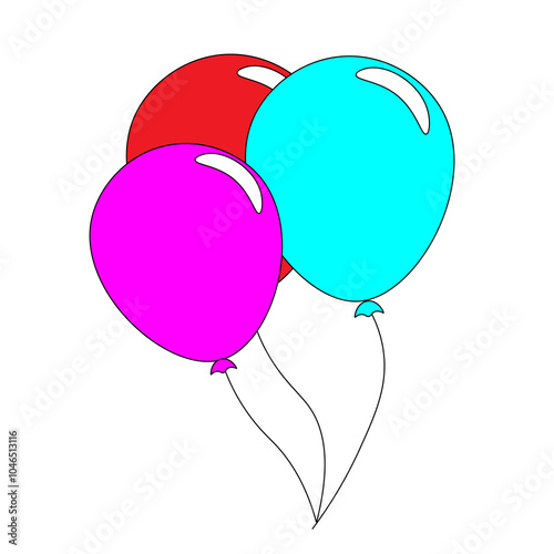 Cartoon style balloons. Bunch of balloons for birthday and party. Flying balloons with connected strings. Blue, red and pink balloons isolated on white background. Flat icons for celebration and carni