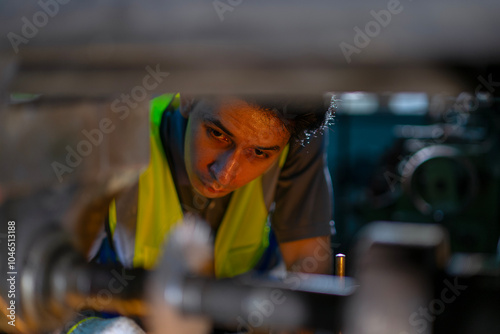 Blue collar worker upskills at lathe machine shop. photo