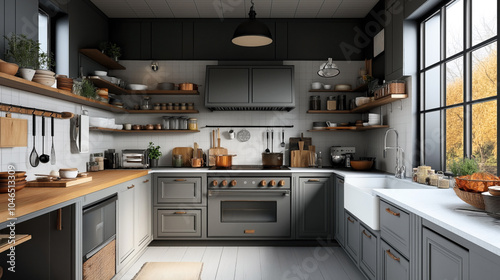 Modern kitchen interior with gray cabinets, wooden countertops, open shelves filled with dishes and cookware, large window with garden view, and various kitchen utensils organized neatly.