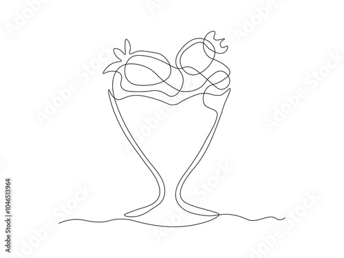 sweet dessert with strawberries, ice cream in a creamer, continuous single line art drawing sketch, logo