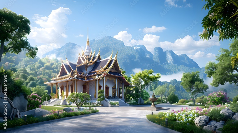 Serene temple amidst majestic mountains and lush gardens Serene temple amidst majestic mountains and lush gardens