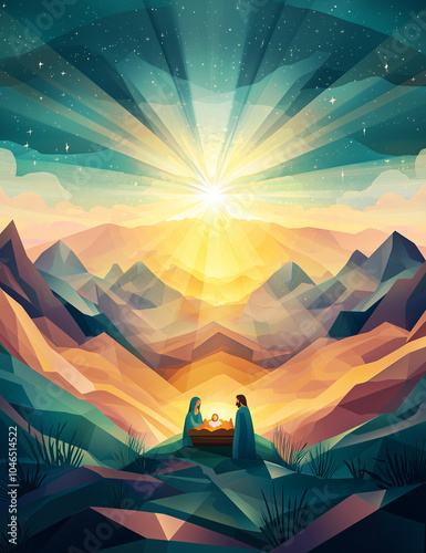 A serene depiction of a nativity scene in a vibrant mountainous landscape.