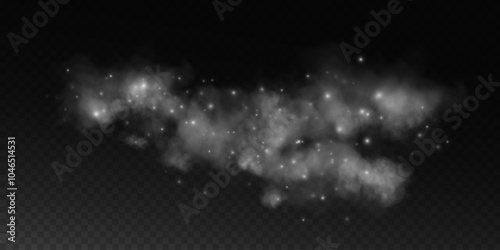 Fantastic smoke background. Magic smoke with glitter and small particles of twinkling stars, fog with glowing particles, gray vapor with stardust. Vector illustration.	
