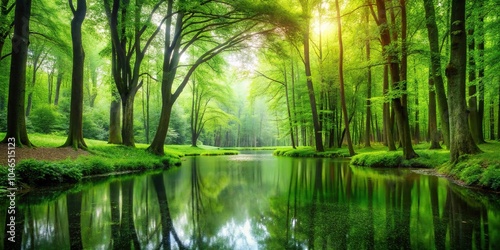 lush green forest with a serene atmosphere and tall trees surrounding a small pond, green forest, tranquility, trees, wilderness