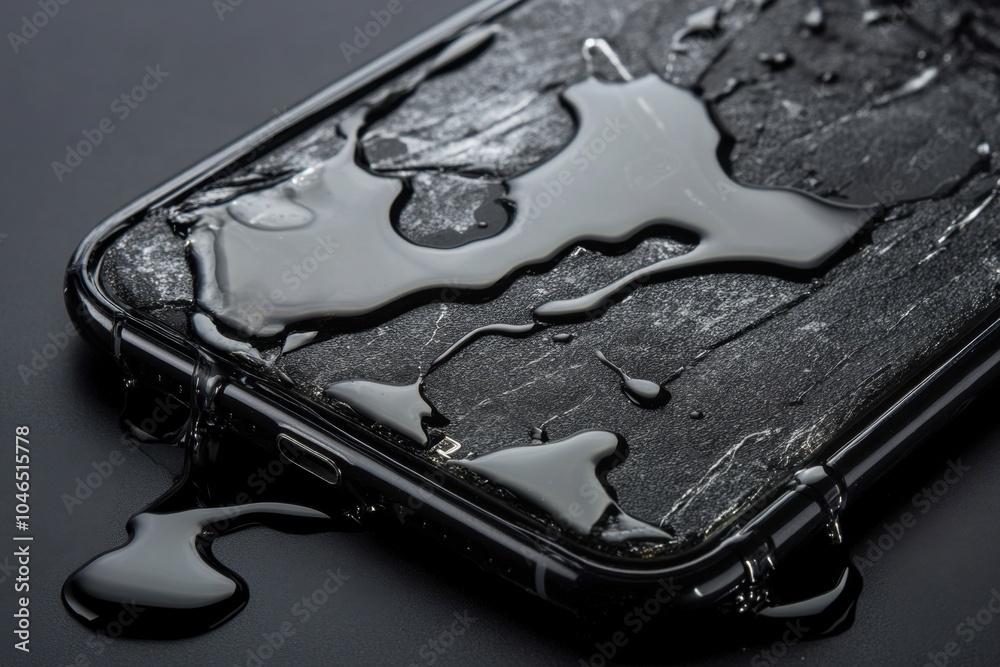Obraz premium A cracked phone screen with liquid leaking from the cracks, indicating severe damage. The image conveys the fragility of electronic devices and the need for protective measures.