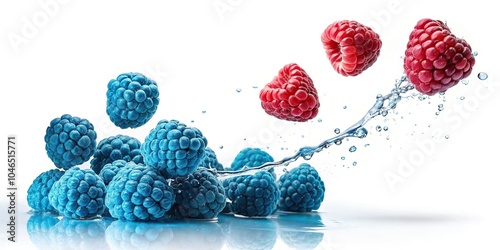 Levitating blue raspberry on white background with leading lines