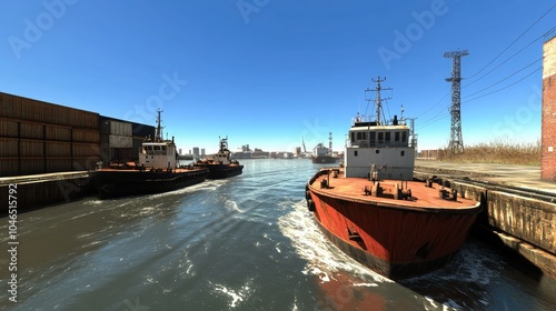 Tugboats Navigating Urban Waterway in Clear Sky photo